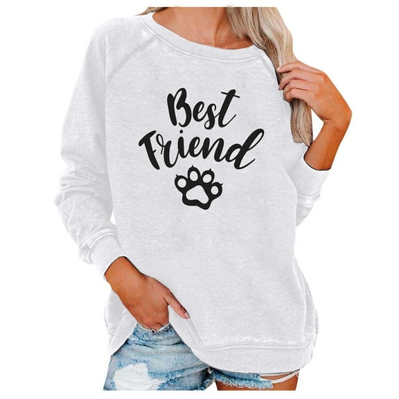 Crew Neck Long Sleeve Sweatshirt for Women Letter Graphic Print Casual Loose Pullover Spring Fall Teens Girl Cute Shirt(White,XL)