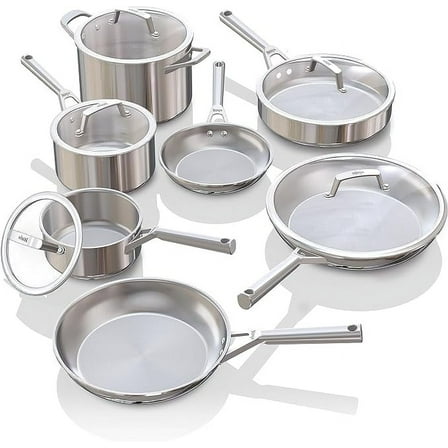 Ninja EverClad Stainless Steel Cookware 12 Piece Pots & Pans Set, All Stovetops & Induction, Oven Safe to 600°F, Tri-Ply Commercial-Grade, C99012