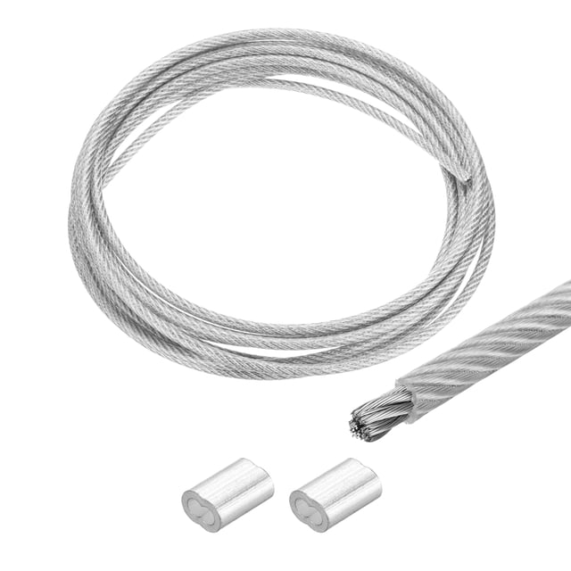 Uxcell Cable de alambre de 16 pies de acero inoxidable 304 recubierto de vinilo con 2 piezas de fundas de aluminio transparentes