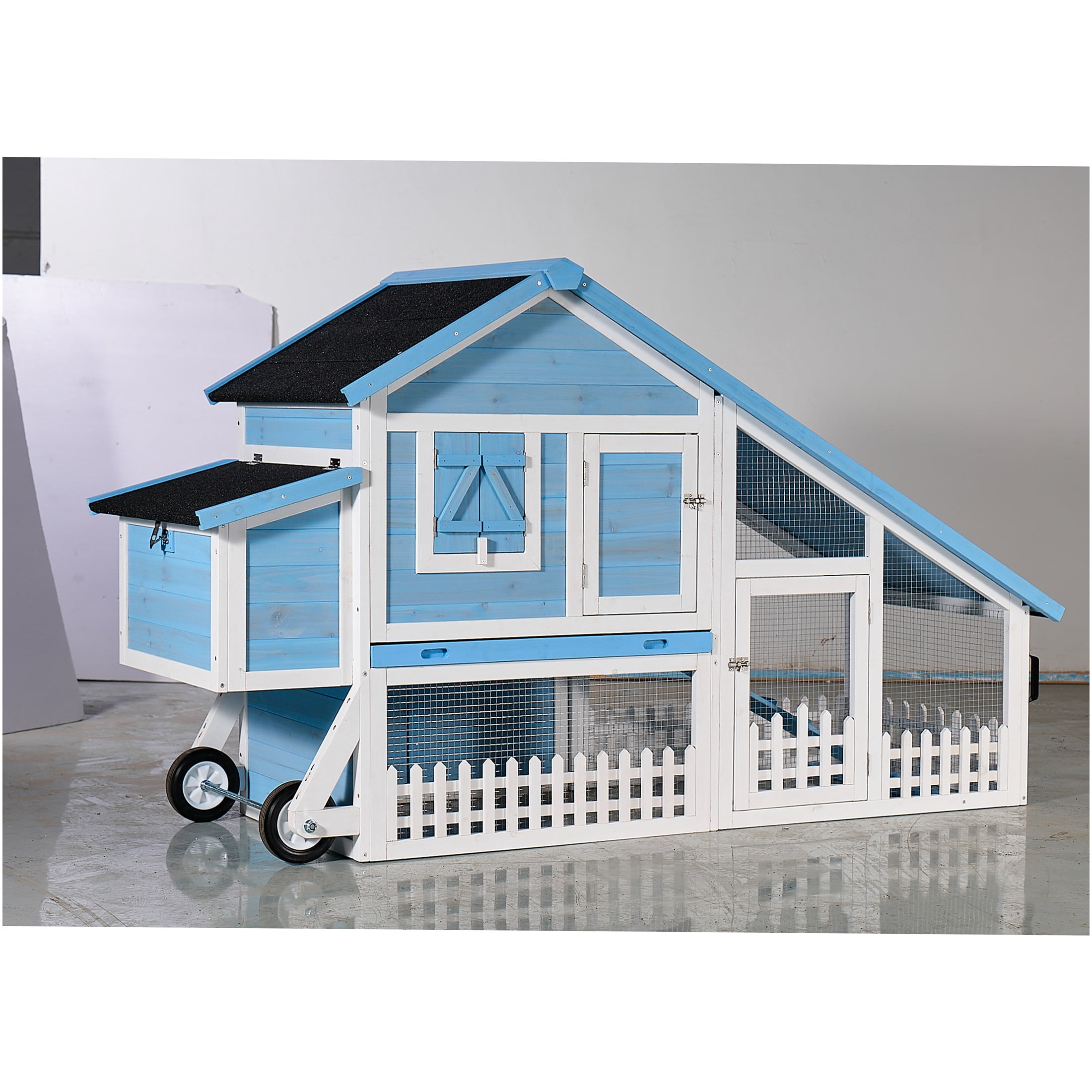 JERFIT 76 Inch Large Outdoor Rabbit Hutch with Waterproof Roof, Removable Tray, Ramp & Play Run Area, Light Blue Wooden Bunny Cage House