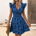 thumbnail image 2 of Lovskoo 2024 Women's Summer Dress Floral V Neck Smocked Waist Ruffled Short Sleeve A Line Short Mini Dress Blue XL, 2 of 4