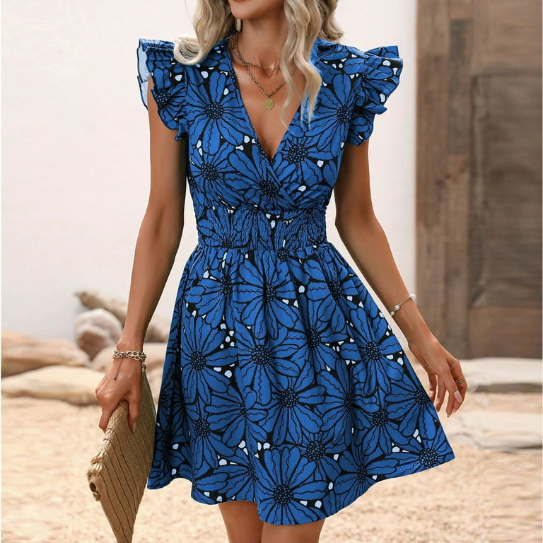 YFNNUP Women s Sundresses Casual Light In The Box Clothing for Women Womens Casual Summer Dresses Women s Floral Print Sundress Ruffled Sleeve Dresses