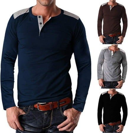 - Mens Long Sleeve T-Shirts Button Down Cotton V Neck Top Casual Shirts