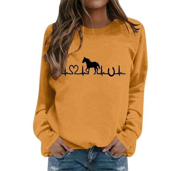 Cnbwig Pullover Sweatshirt for Women Casual Long Sleeve Sweatshirt Letter Horse Printed Crew Neck Hoodless Loose Fall Tops Lightweight Sweatshirts A18-Yellow M
