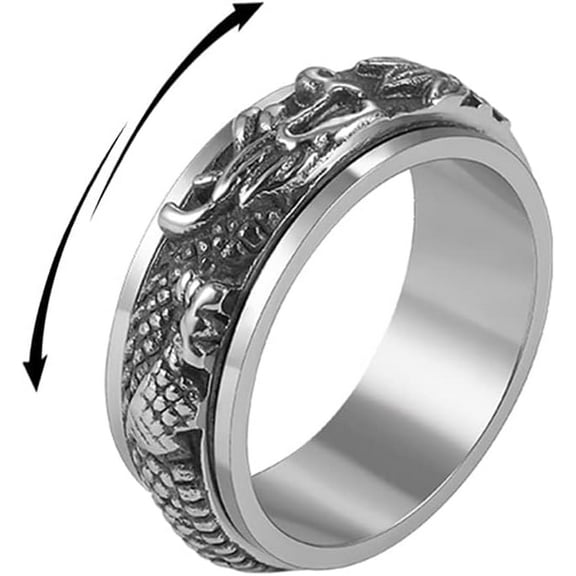 Dragon Rotating Spinner Fidget Band Rings Stainless Steel Punk Cool Animal Anxiety Stress Relief Band Biker Ring Promise Band for Men Women Birthday Valentine's Day Gifts Vintage Jewelry
