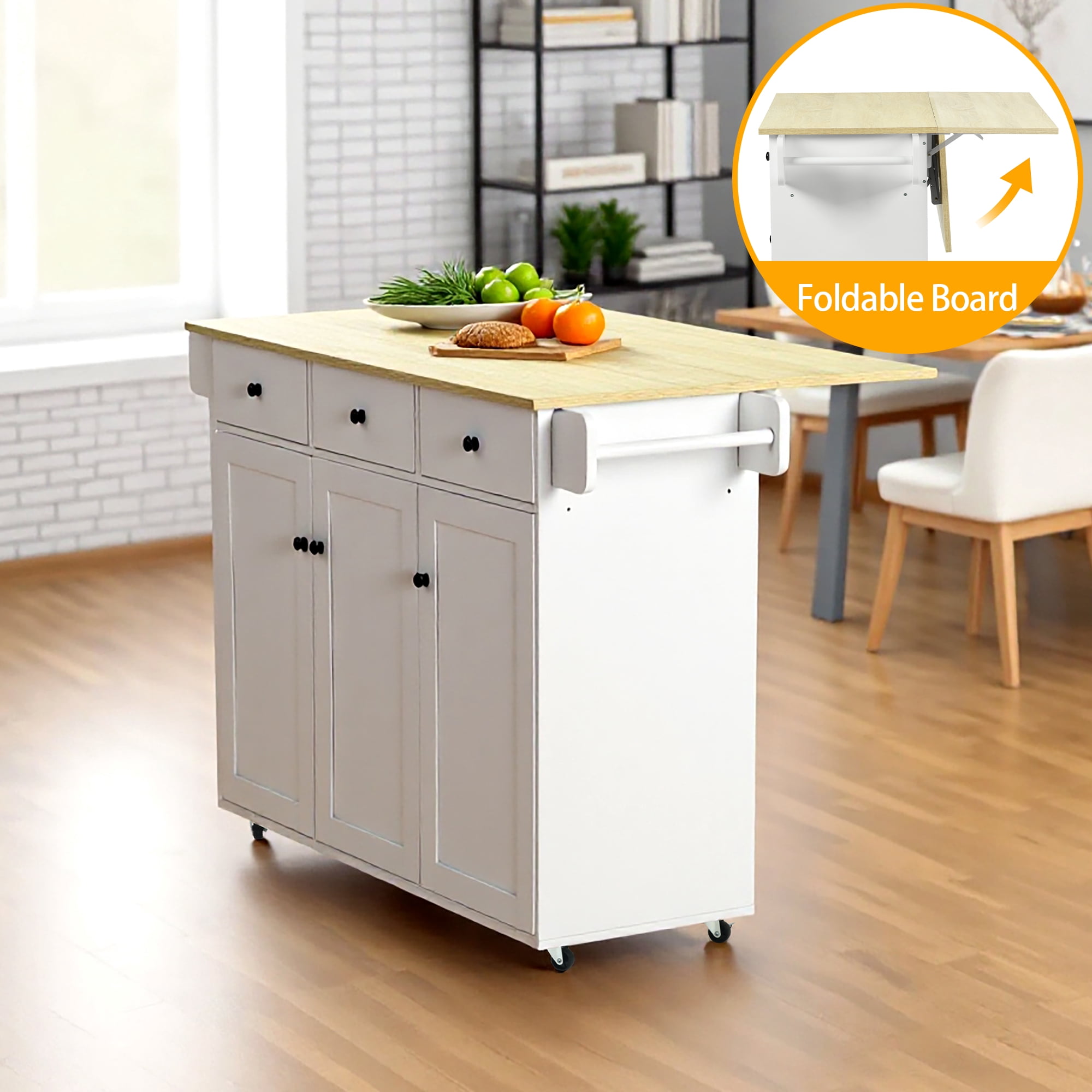 45.3" Kitchen Island with Storage Cabinets and Drawers, Rolling Utility Cart with Towel Rack and Wood Top, White