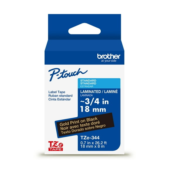 Brother P-touch TZe344 Gold Print on Black Label Tape, 3/4in (18mm) x 26.2ft (8m) Laminated, 1-Piece