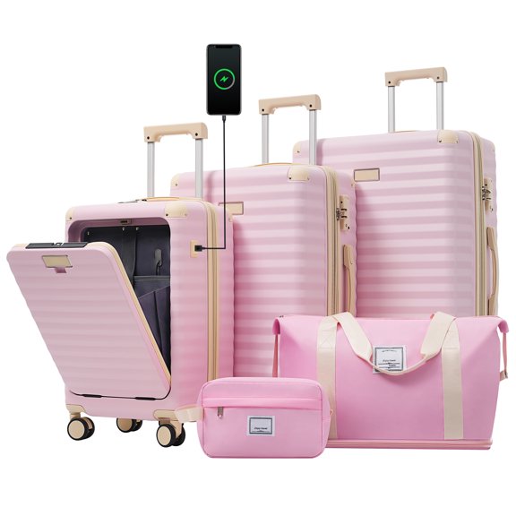 Euroco 5 Piece Luggage Sets Front Opening,Expandable Hardshell Suitcase with Spinner Wheels,2 Bags and TSA Lock,Lightweight Carry on Luggage with USB Port and Cup Holder(20"/24"/28"),Pink