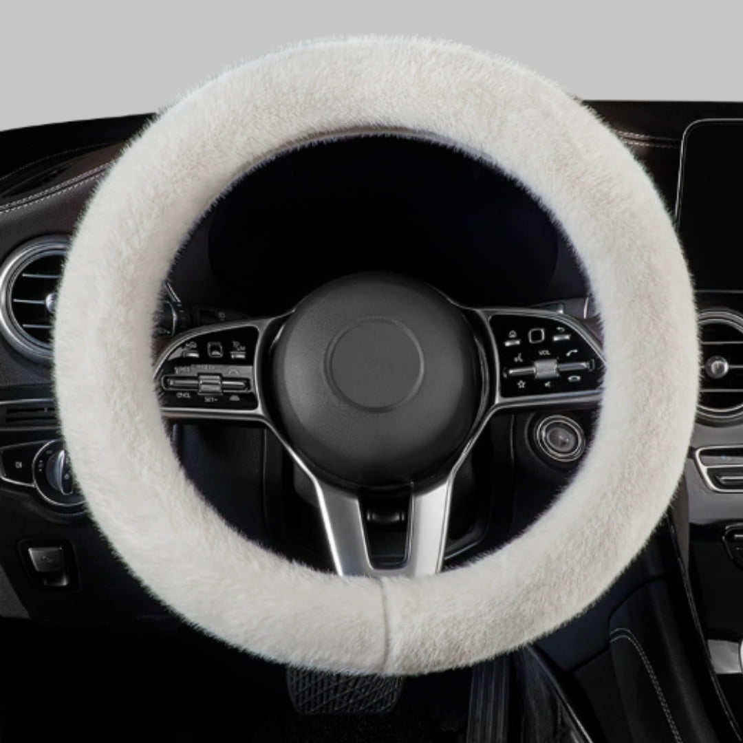 Fuzzy Steering Wheel Cover for Women Men, Wheel Cover for Winter Warm, 15 inch Soft Wool Steering Wheel Protector with Anti-Slip Grip for Cold Weather Driving (White)
