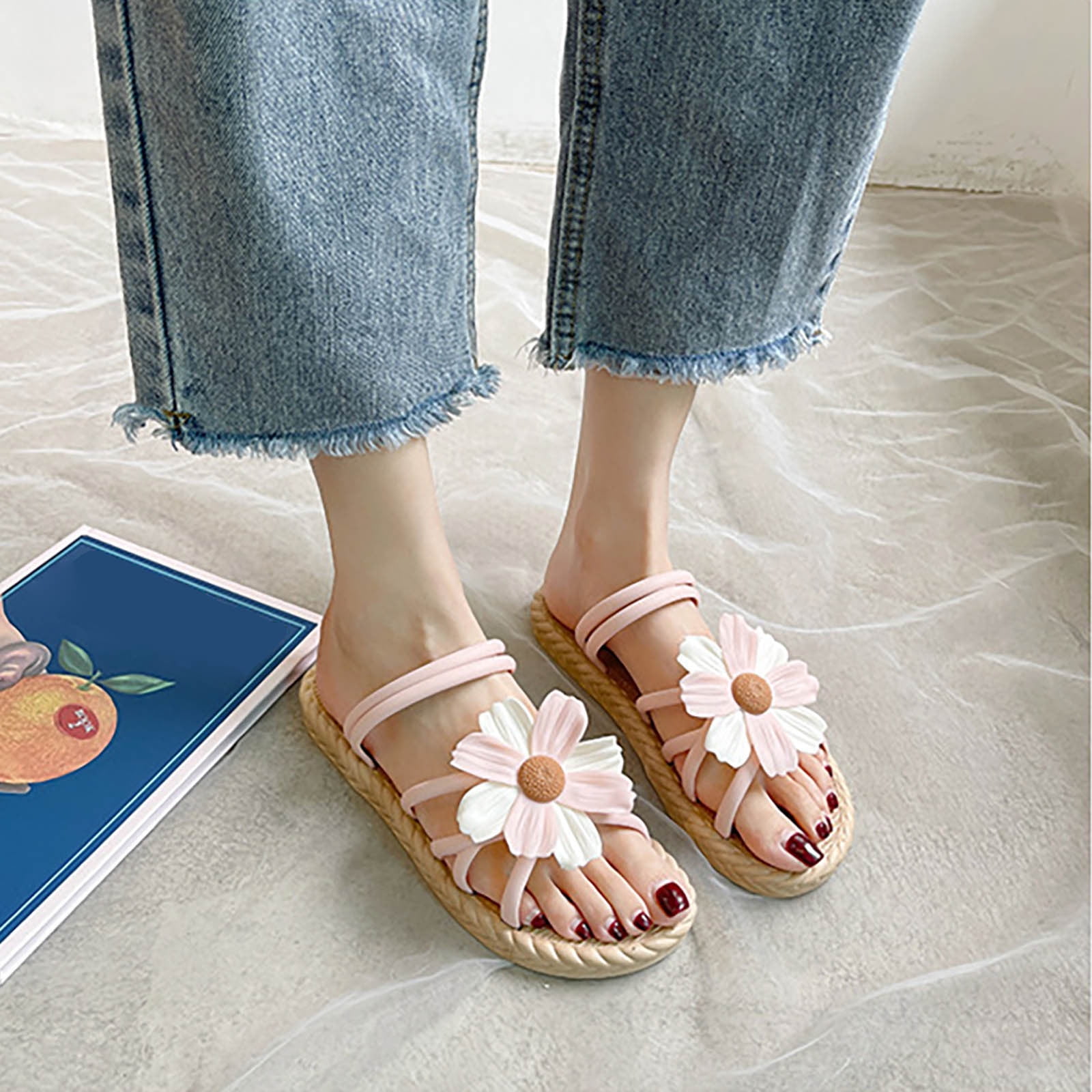 MakeMeChic Women's 3D Flower Flat Sandals - Dressy Open-Toe Square Summer Sandals For Vacation, Party, Casual Wear