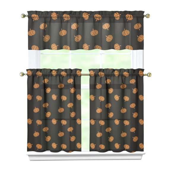 Fall Kitchen Curtains 36 Inch Short - 3 Panel Set, Autumn Harvest Print, Rod Pocket Window Treatment for Thanksgiving, Farmhouse, Cafe, Living Room - Machine Washable