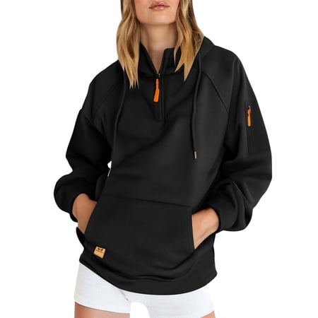 jtjvou Stylish Women s Hoodie Zipper Casual Arm Pocket Drawstring Half-Zip Sweatshirt Comfortable Lightweight Top Perfect for Fitness Travel Outdoor Activities Black XXXL