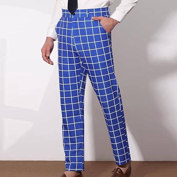 Puntoco Pantalones de traje casuales con botones y bolsillos y estampado de cuadros rectos para hombre