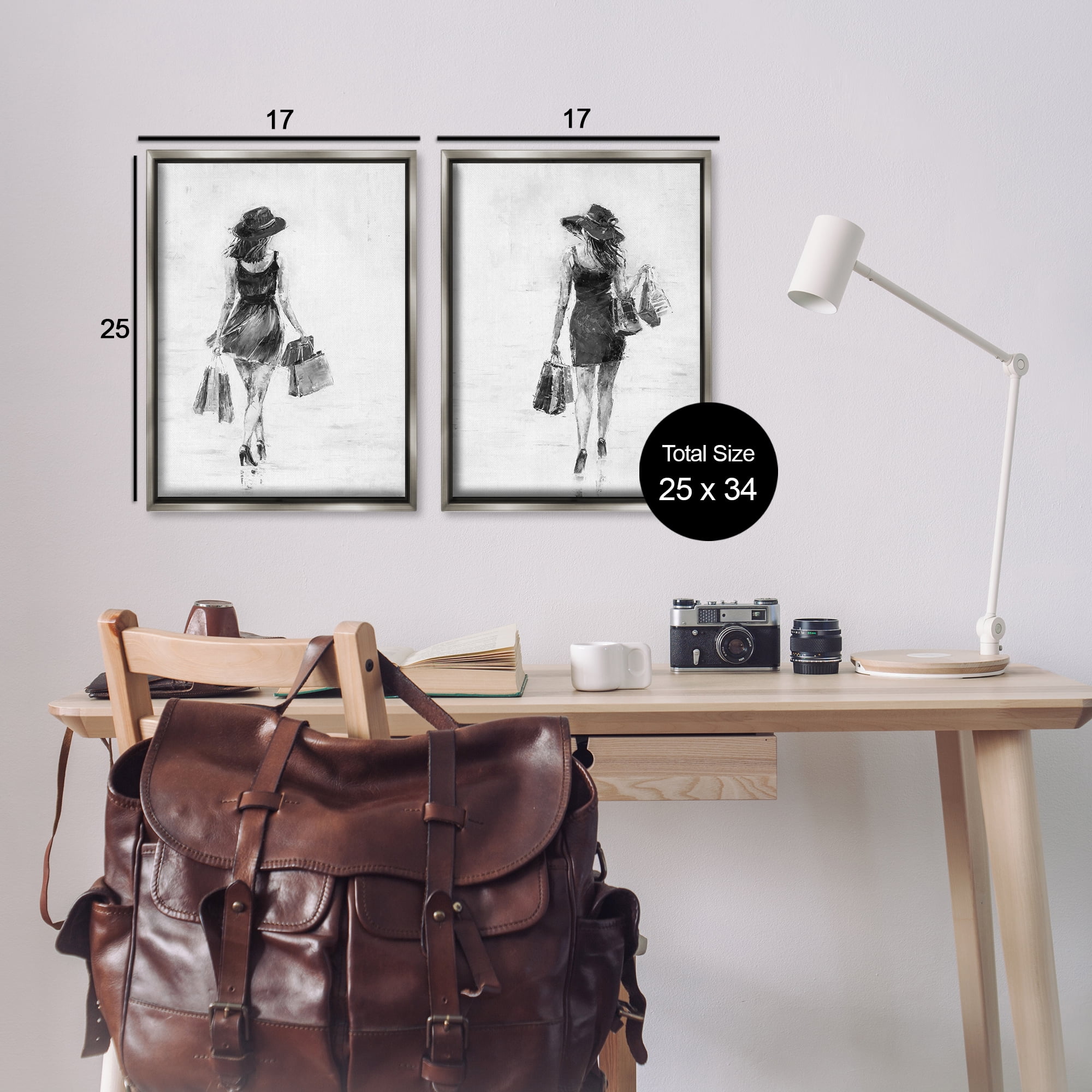 Stupell Industries Female Figures Shopping Bags People Painting Gray Floater Framed Canvas Art Print Wall Art, 17 x 25, Set of 2