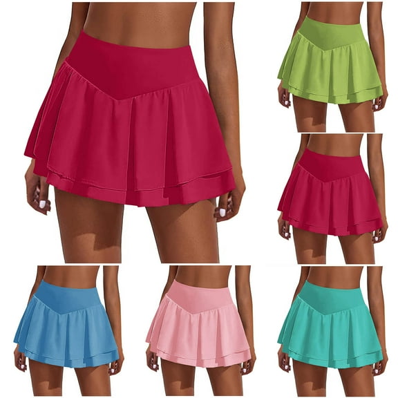 Womens Pleated Tennis Skirt Double Ruffle Golf Skort Tummy Control Athletic Skirts with 3 Pockets Workout Pickleball