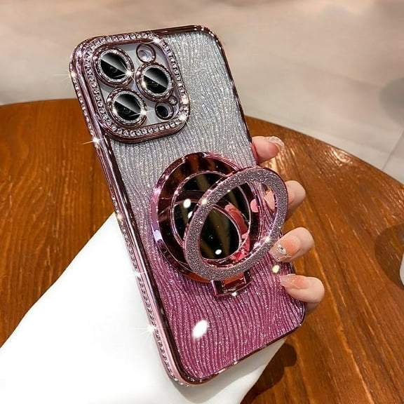 (Mirror ) Ripple Magnetic Kickstand Case for IPhone 15 14 13 12 Pro Max (Glitter Lens Protector ) (Sparkling Diamond ) Cover Comptible with Magsafe Pretty Cases (Pink,for iPhone 12 Pro Max)