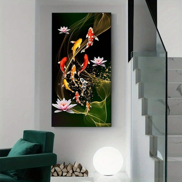 1pc Frameless Chinese Style Red Koi Lucky Carp Canvas Painting Fish Goldfish Poster Entrance Home Decor Picture Cuadros Annual Ring Wall Art, No Frame