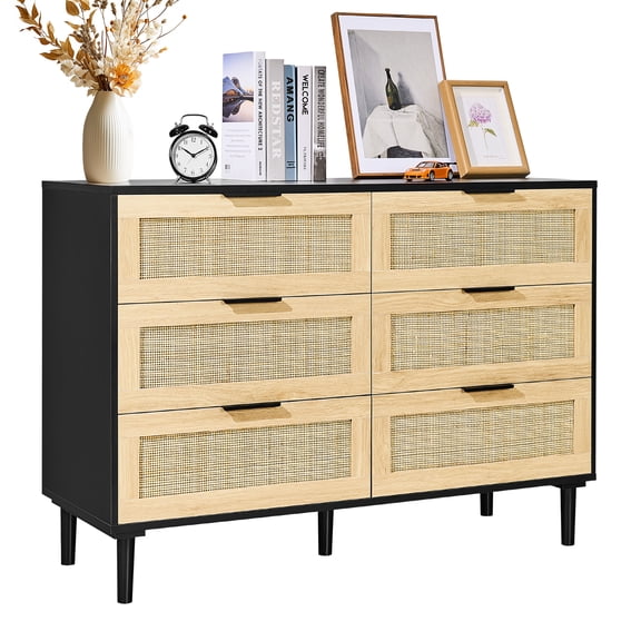 VEVOR 6 Drawer Rattan Dresser, Natural Rattan Closet Dresser with 6 Drawers, Modern Wood Chest Clothing Organizer&Storage Boho Dresser with Sturdy Handles & Legs,for Bedroom, Living Room & Hallway