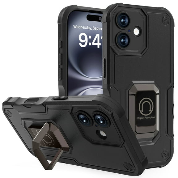 for iPhone 16 Case,Drop Protection,Non-Slip Full Body Rugged Case with Built-in Car Magnetic Kickstand,Ring Holder,Full Camera Protection Cover Cell Phone Cae for iPhone 16 6.1 inch,Black