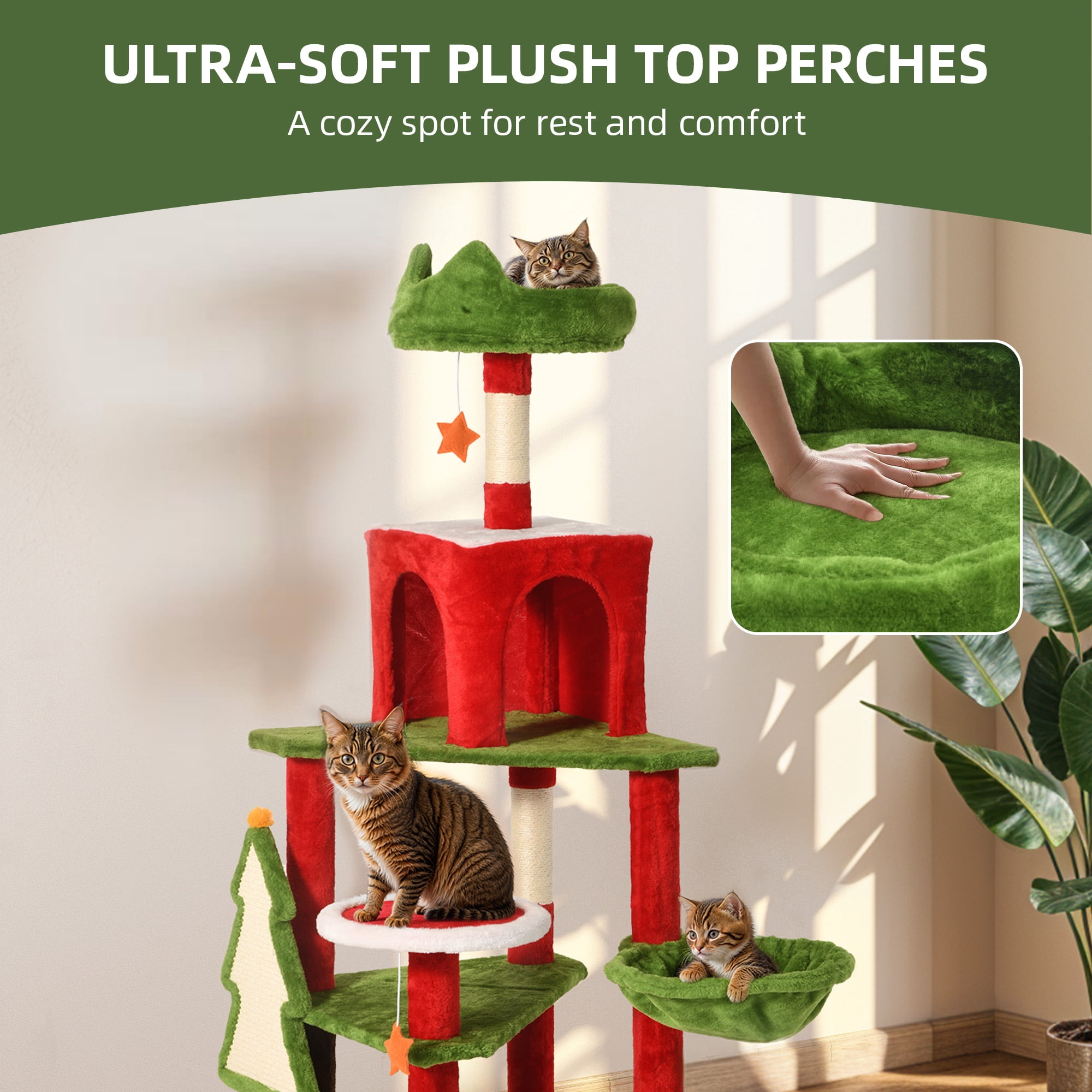 Uforic 54" Christmas Cat Tree Tower with Hammock, Sisal Scratching Posts and Top Perches ,Cat Condos for Indoor Cats