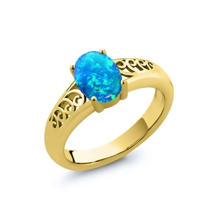 Oval Cabochon Ring Setting - 0.63 Ct Oval Cabochon Blue Simulated Opal 18K Yellow Gold Plated Silver Ring