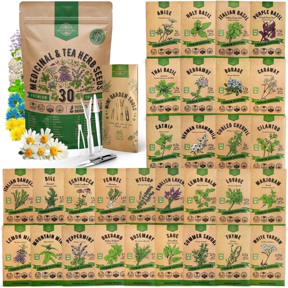 Organo Republic 30 Medicinal & Tea Herb Seeds Variety Pack 15,560  Non-GMO Heirloom Garden Seeds