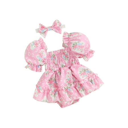 

Hirigin Girls Easter Romper Dress Bunny Print Short Sleeve Jumpsuit Headband