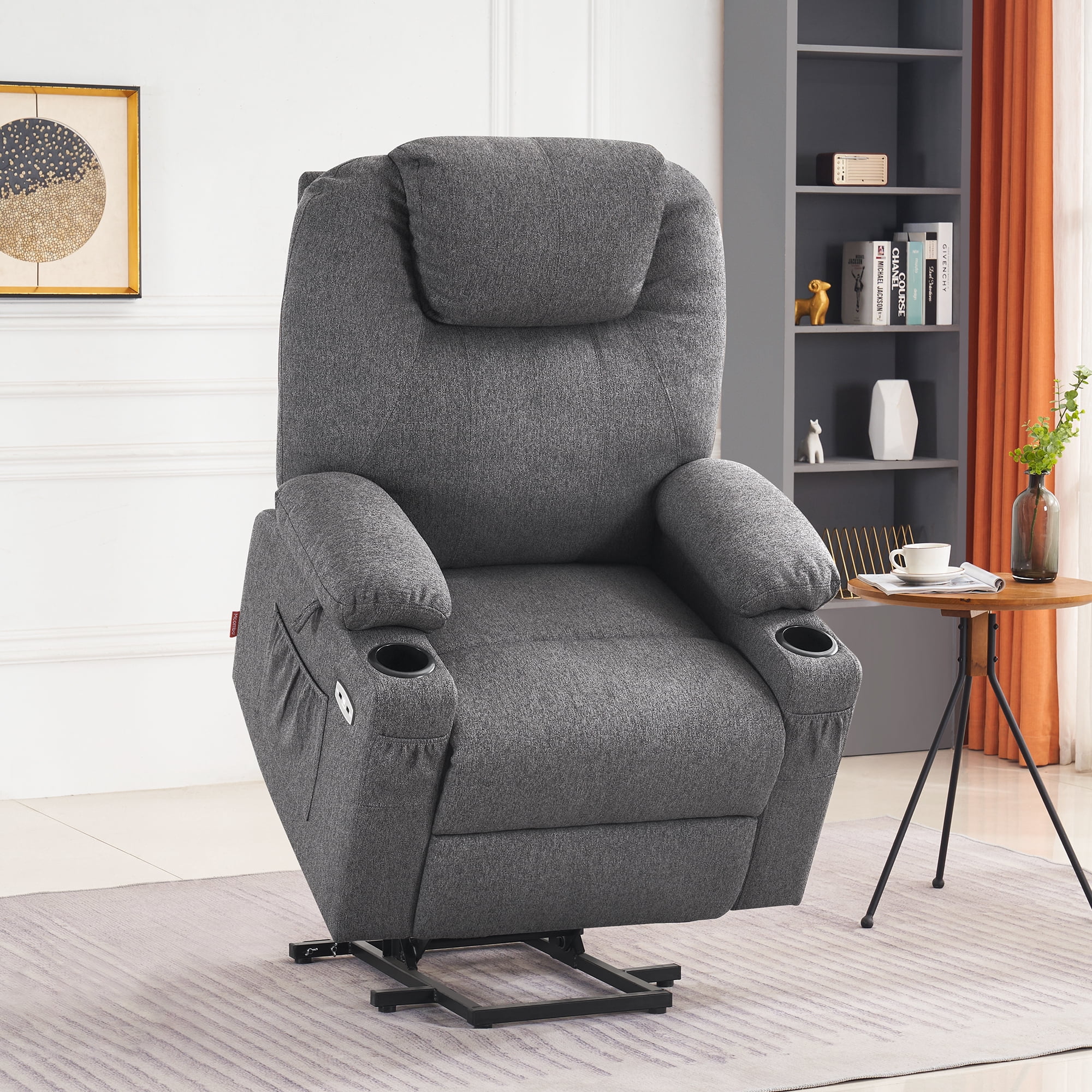 MCombo Large Power Lift Recliner Chair Sofa with Massage and Heat for Big and Tall Elderly People, 3 Positions, Cup Holders, and USB Ports, Extended Footrest, Fabric 7516(Large,Dark Grey)