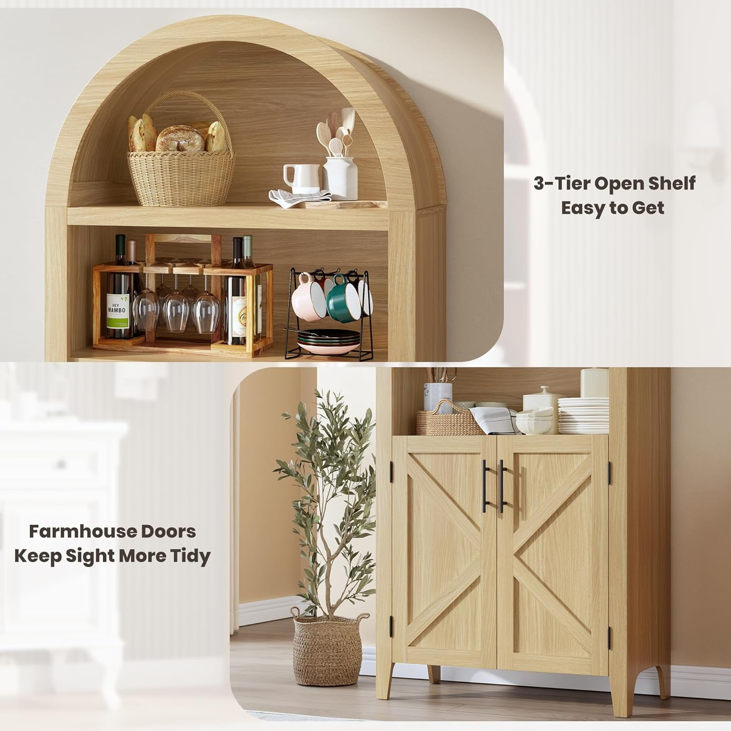 BouPower Arched Pantry Cabinet with Open Display Shelf,Kitchen Cabinet with Doors,Versatile Cupboard for Kitchen Dining Room