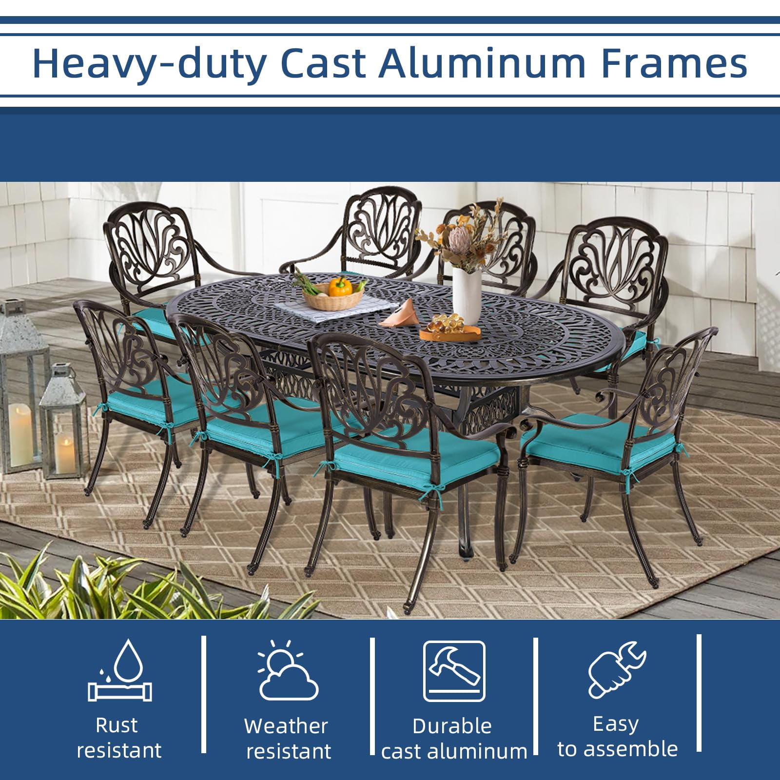 9-Piece Patio Cast Aluminum Dining Set, Outdoor Dining Furniture Set for 8 Person, Includes 84" Oval Table and 8 Cushioned Chairs with Umbrella Hole for Patio Deck Garden, Ocean Blue