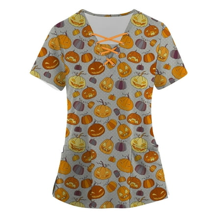 

YWDJ Halloween Scrub Tops Women Polyester Short Sleeve V Neck Tops Bandage Working Uniform Halloween With Pocket Blouse Tops
