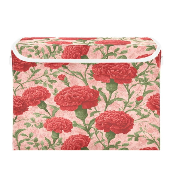 Large Collapsible Storage Box Flip Lid Fabric Decorative Organizer Container Basket with Handles 16.5×12.6×11.8in Elegant Red Carnation Pattern