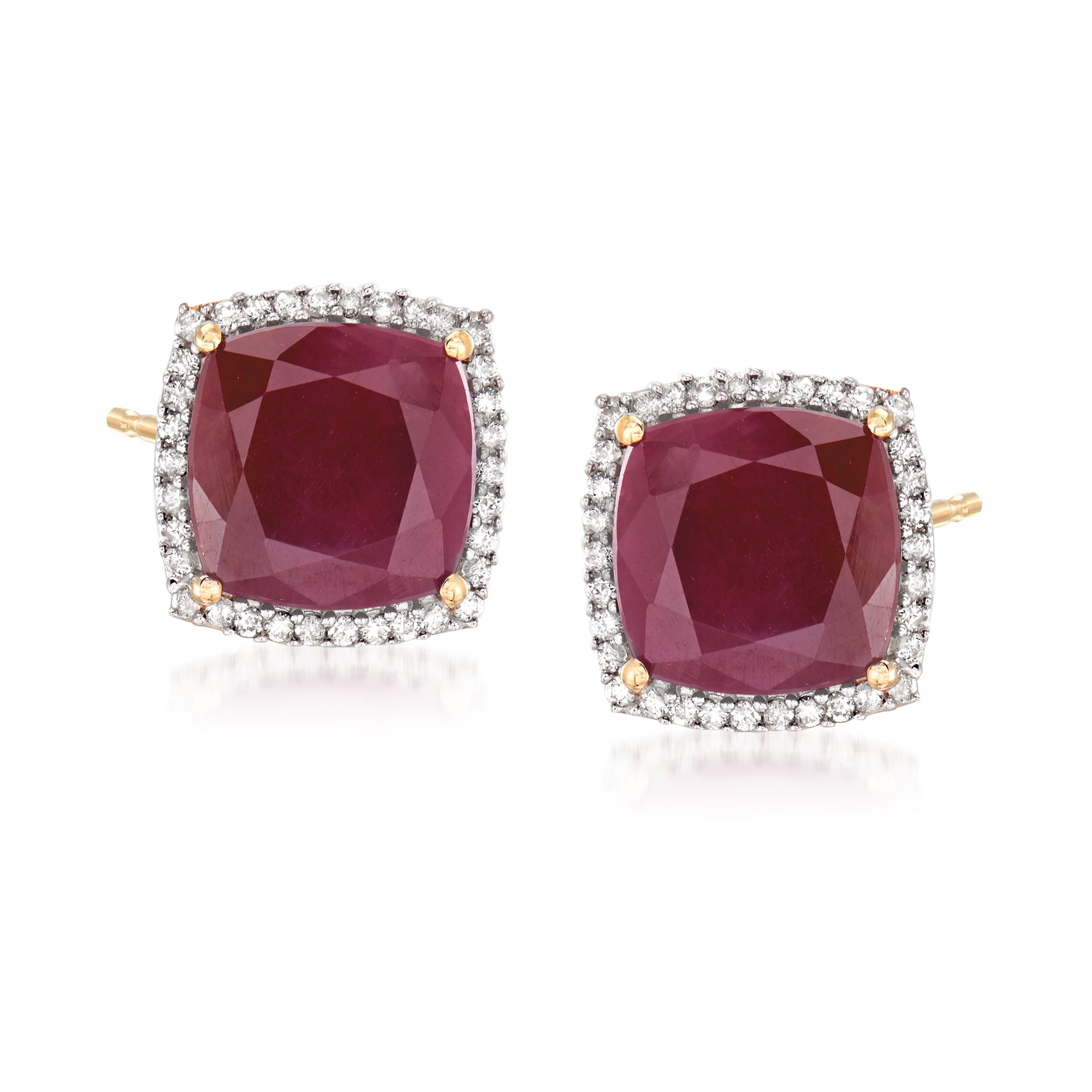 Ross-Simons 7.60 ct. t.w. Ruby and .23 ct. t.w. Diamond Stud Earrings in  14kt Yellow Gold