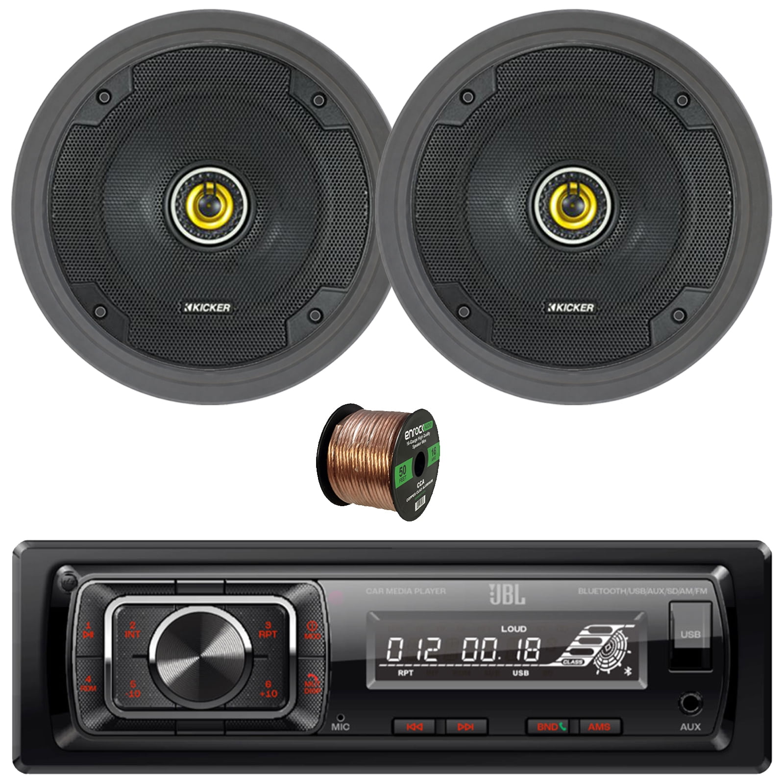 JBL Celebrity150 Single DIN Bluetooth USB/AUX SD Card FM Radio High Power Mechless Car Audio Media Receiver, 2x 6.5" 300W Max 2-Way Coaxial Speakers, 2x 6.5" Adjustable Speaker Baffle, Speaker Wire