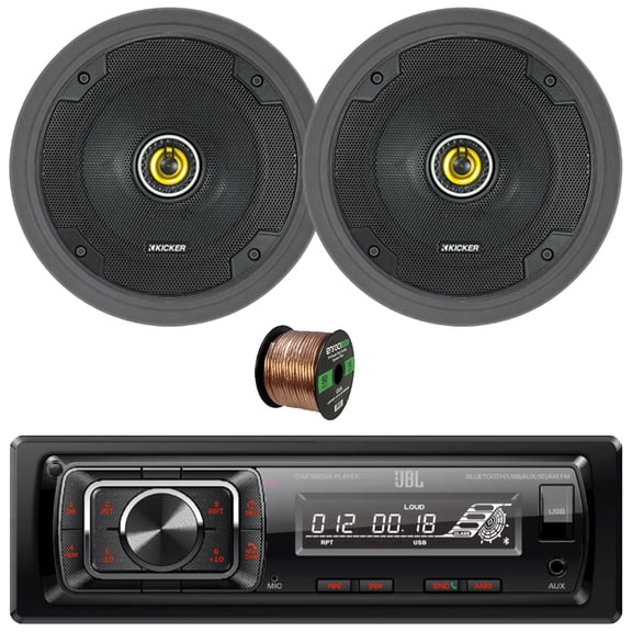 JBL Celebrity150 Single DIN Bluetooth USB/AUX SD Card FM Radio High Power Mechless Car Audio Media Receiver, 2x 6.5" 300W Max 2-Way Coaxial Speakers, 2x 6.5" Adjustable Speaker Baffle, Speaker Wire