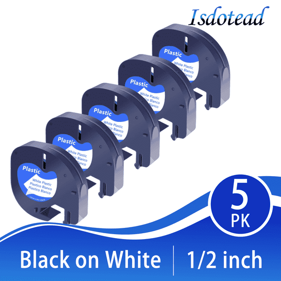 Markdomain Label Replacement 91331 LT Plastic Label Tape 1/2" x 13' (12mm x 4m) Black on White Compatible for DYMO Letratag LT-100H Refills （5 Pack）