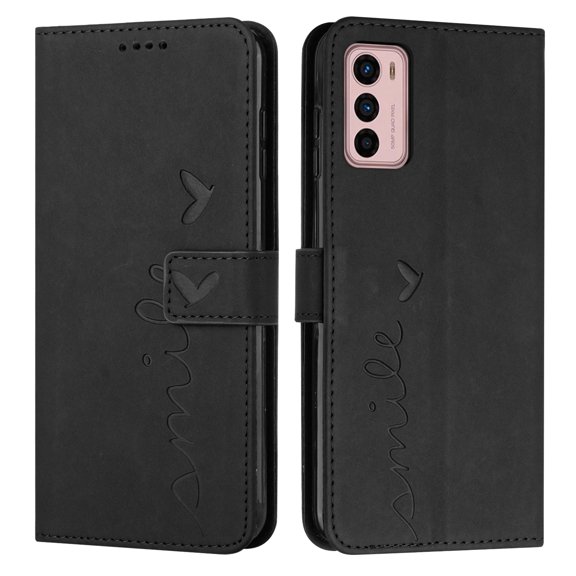 Nalacover for Motorola Moto G42 (4G) Flip Wallet Case,Luxury Love Heart Embossed PU Leather Shockproof Soft TPU Folio Kickstand Card Slots Phone Cover with Wrist Strap for Women Men,Black