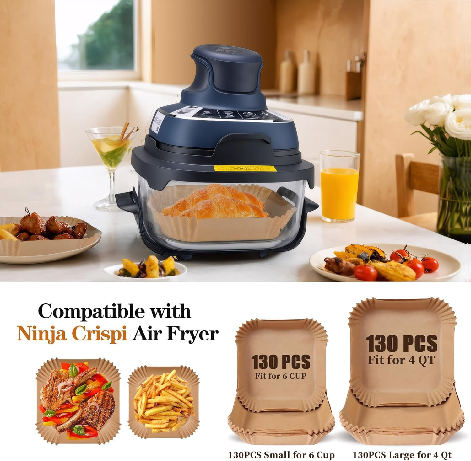 Air Fryer Liners Disposable for Ninja Crispi, 260 PCS Parchment Paper for Ninja Crispi 4-in-1 Portable Glass Air Fryer Cooking System, Non-Stick Airfryer Parchment Paper Liners for Ninja Crispy