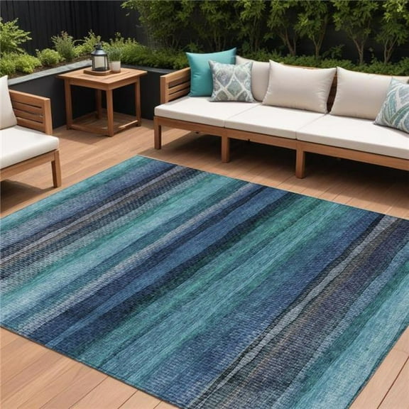 HomeRoots 631225 9 x 12 ft. Teal Blue Aqua & Navy Blue Striped Washable Indoor & Outdoor Rectangle Area Rug