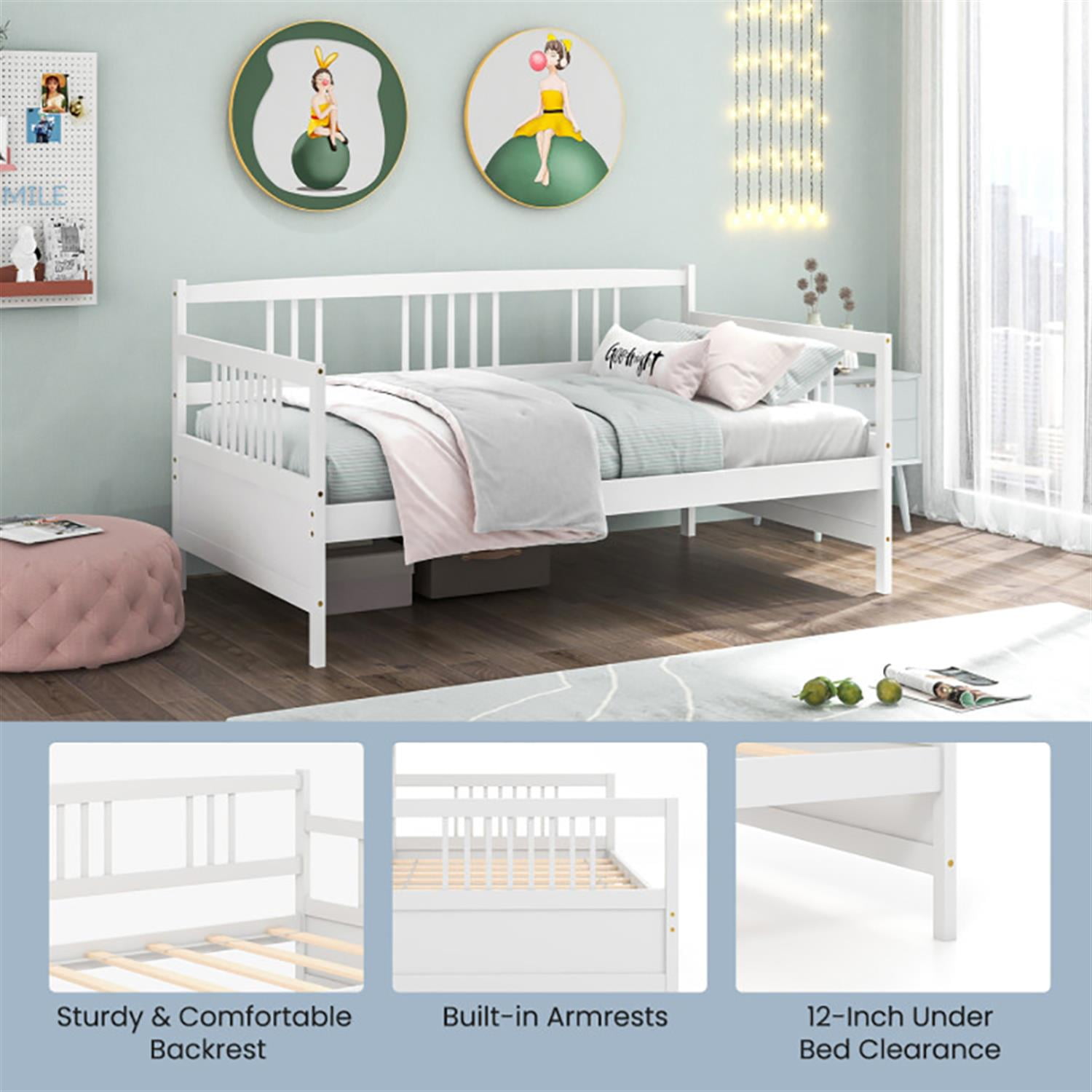 Demi Bonn Twin Size Wooden Slats Daybed Bed with Rails, Modern Bed Frame for Teens, White