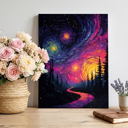 Path Forest Canvas Wall Art Dreamy Abstract Starry Sky Impressionist Framed Canvas Wall Decor Picture Print Artwork Decorations for Living Room Office Ready to Hang 36 x 24