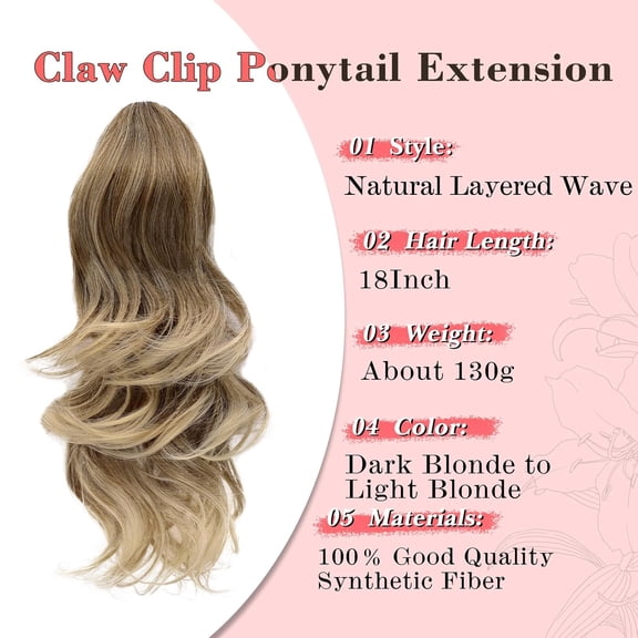 WEIF-Claw Clip Ponytail Extension Blonde 18" Long Wavy Ponytail Clip in Hair Extensions for Women Curly Natural Layered Pony Tails for Short Thin Hair Synthetic Hairpiece(Dark Blonde to Light Blon