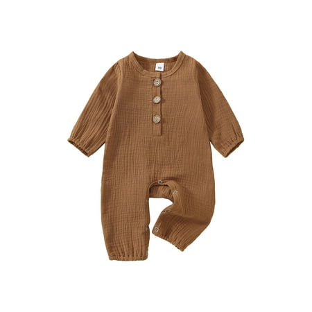 

Wassery Baby Boy Girl Jumpsuit Long Sleeve Round Neck Chest Buttons Loose Crotch Button Romper Infant Fall Outfit 0-18M