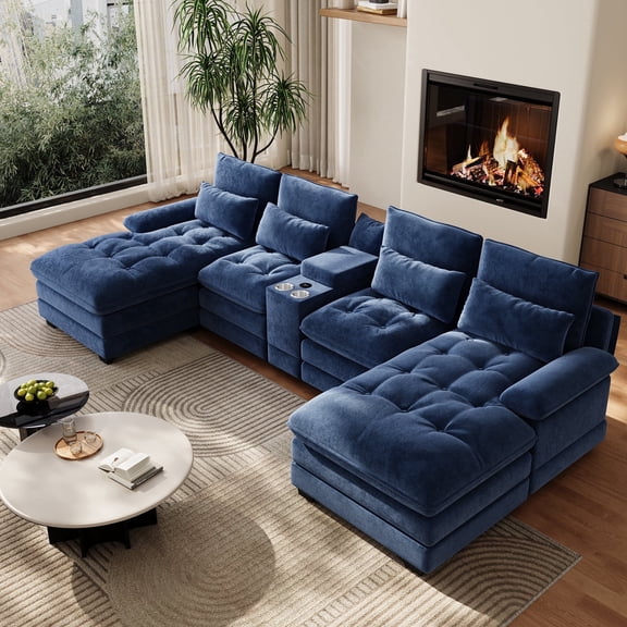 Rophefx 134" Modular Sectional Sofa for Living Room,Oversized Couch with Chaise Lounge,U-Shaped Cloud Couch with Storage Console and USB Port,Blue