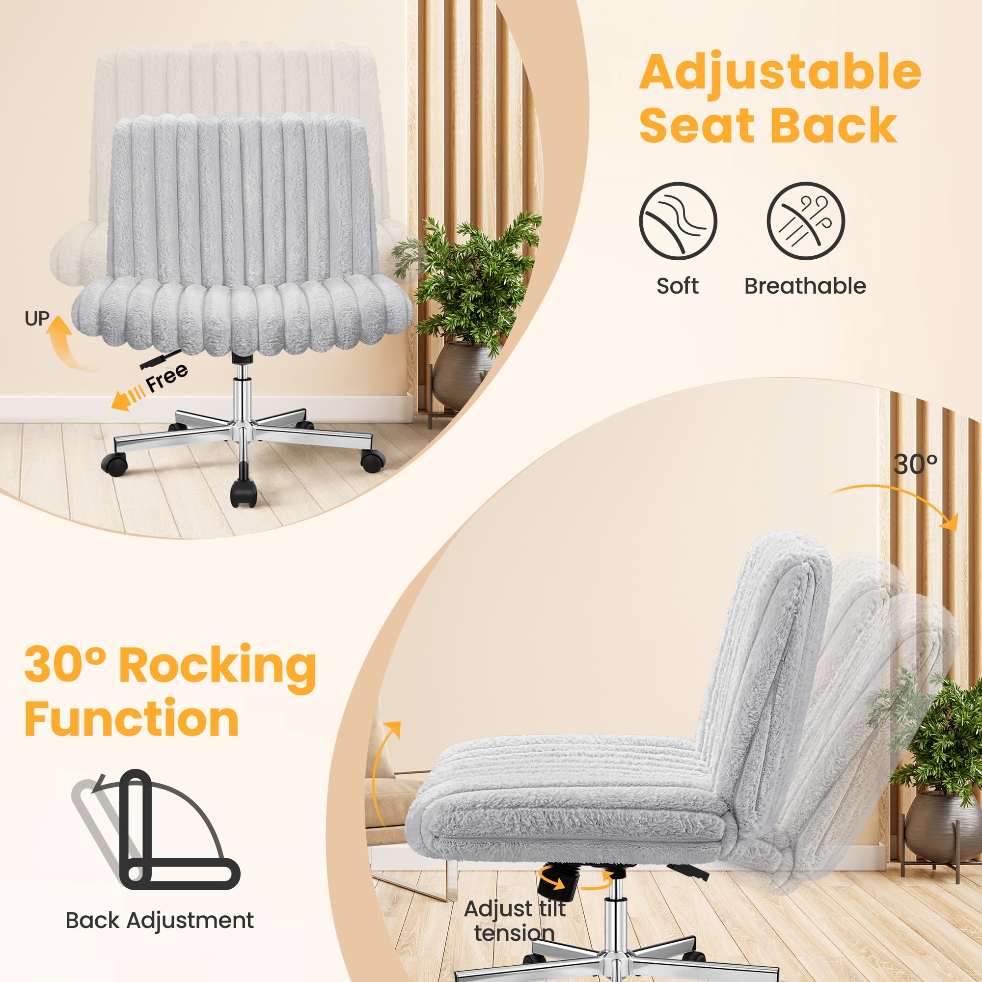 COOLHUT Office Chair Armless Criss Cross Legged Chair with Wheels, Teddy Fabric Comfy Home Office Desk Chairs, Wide Seat Vanity Task Computer Chair, Beige