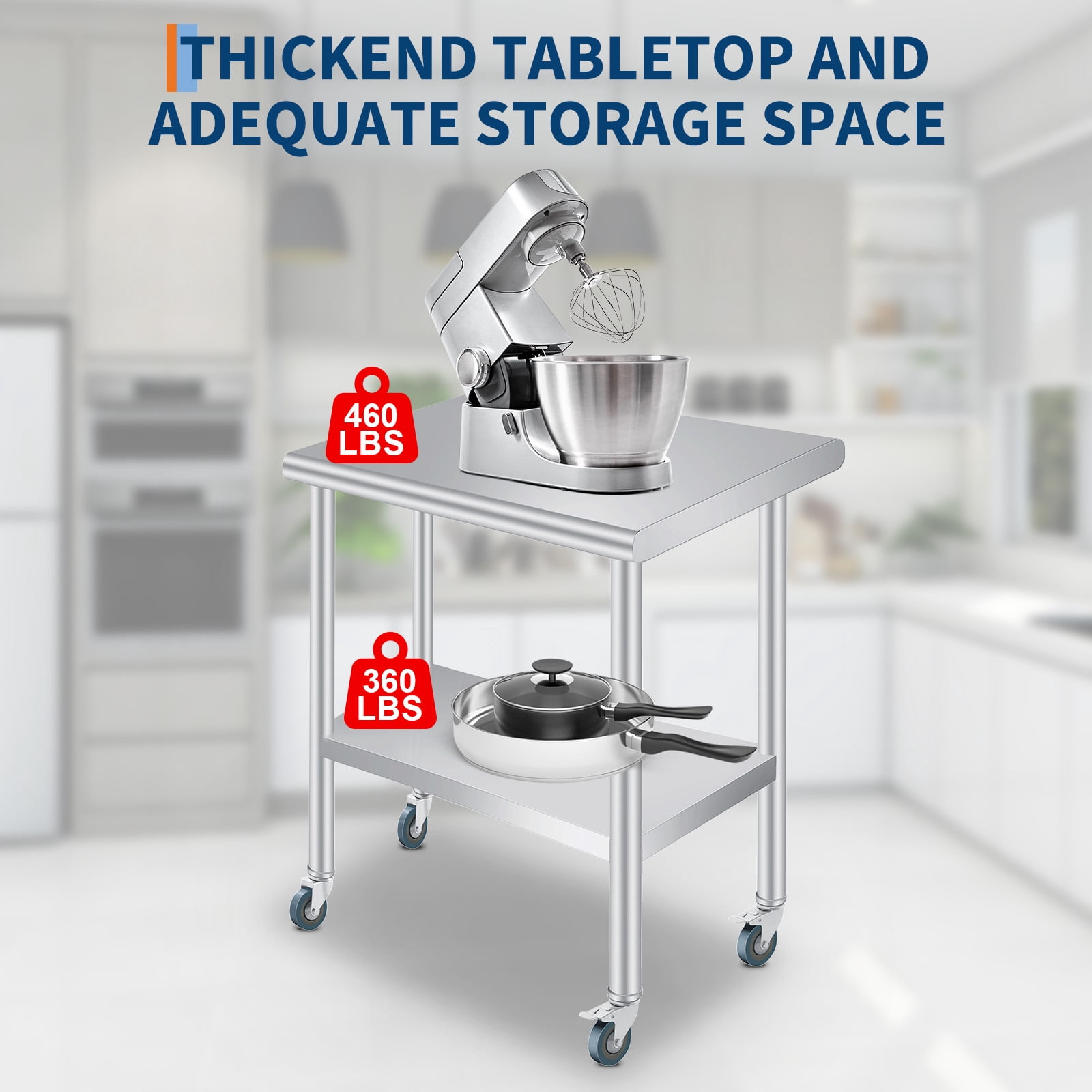 Stainless Steel Outdoor Kitchen Prep Table with Backsplash – Adjustable Undershelf, 4 Caster Wheels, Rounded Corners – Heavy Duty Storage Table for Restaurants, Hotels, Workspaces – 24 x 36 Inch