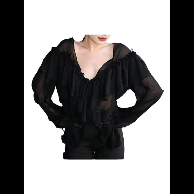 Blusa de Larga con Cuello en V y Volantes para Mujer, Estilo Elegante y Casual, para Otoño. Negro L