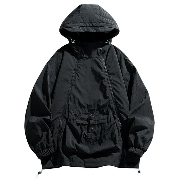 Ptauao Mens Hooded Cargo Shell Jacket Outdoor Workwear Windbreaker Jacket Double Zipper Drawstring Sports Coat with Pocket