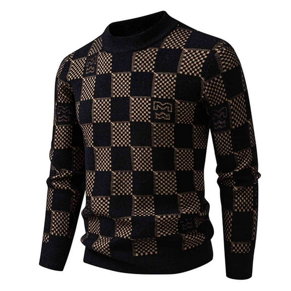 ZUKMRJPC Men's Crewneck Sweaters Lightweight Patchwork Plaid Printing Long Sleeve Slim Fit Pullover Sweater Fall Winter Warm Base Tops