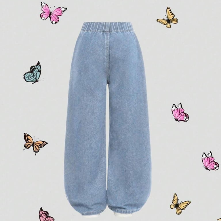 Zpanxa Girls Pink Ribbon Bow Wide Leg Jeans High Waist Vintage